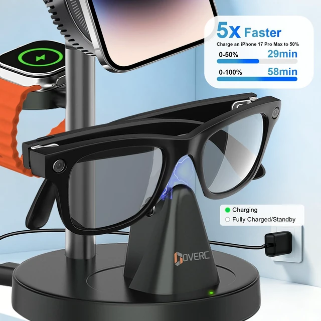 Alt view image 2 of 7 - 3in1 Wireless Charging Station for Ray-Ban Meta Smart Glasses Gen 1 2 3, Mag-Safe Charger Stand, Compatible with Apple Watch & iPhone 12-18, Wayfarer/Skyler/Headliner/Oakley Meta HSTN, w/45W Adapter