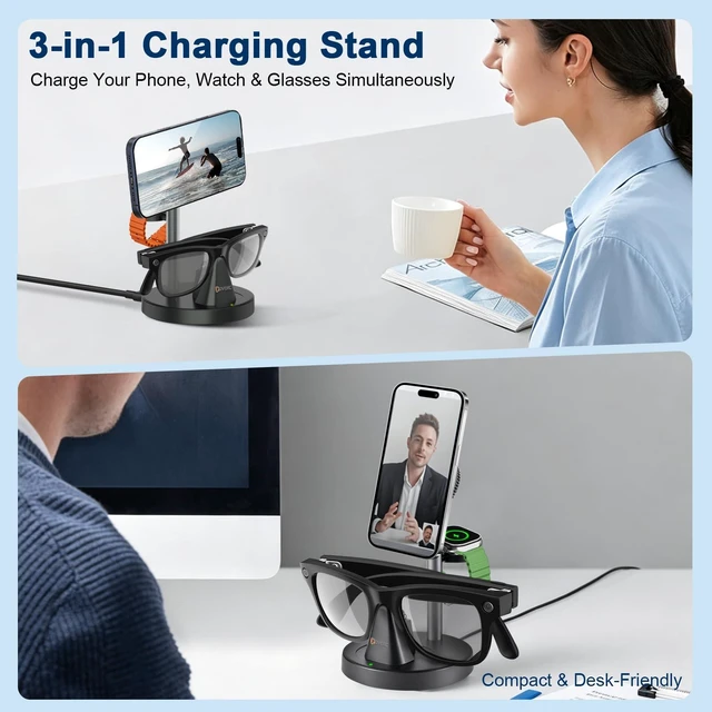Alt view image 3 of 7 - 3in1 Wireless Charging Station for Ray-Ban Meta Smart Glasses Gen 1 2 3, Mag-Safe Charger Stand, Compatible with Apple Watch & iPhone 12-18, Wayfarer/Skyler/Headliner/Oakley Meta HSTN, w/45W Adapter