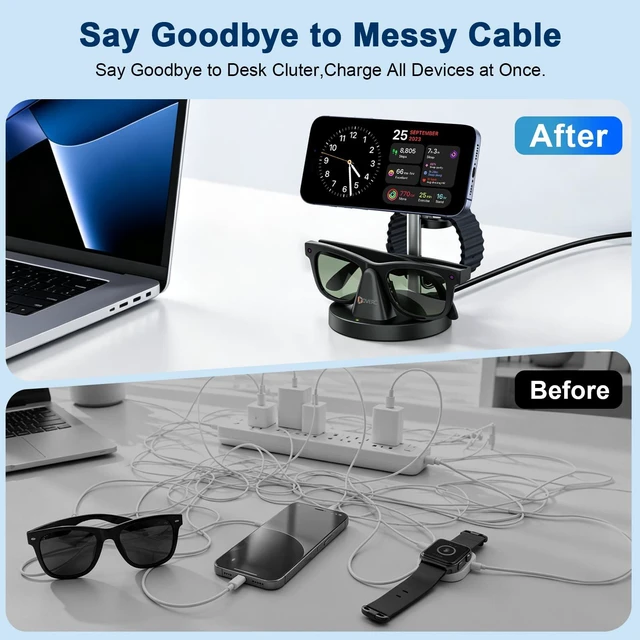 Alt view image 4 of 7 - 3in1 Wireless Charging Station for Ray-Ban Meta Smart Glasses Gen 1 2 3, Mag-Safe Charger Stand, Compatible with Apple Watch & iPhone 12-18, Wayfarer/Skyler/Headliner/Oakley Meta HSTN, w/45W Adapter