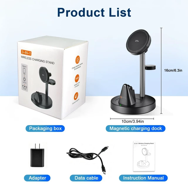 Alt view image 6 of 7 - 3in1 Wireless Charging Station for Ray-Ban Meta Smart Glasses Gen 1 2 3, Mag-Safe Charger Stand, Compatible with Apple Watch & iPhone 12-18, Wayfarer/Skyler/Headliner/Oakley Meta HSTN, w/45W Adapter