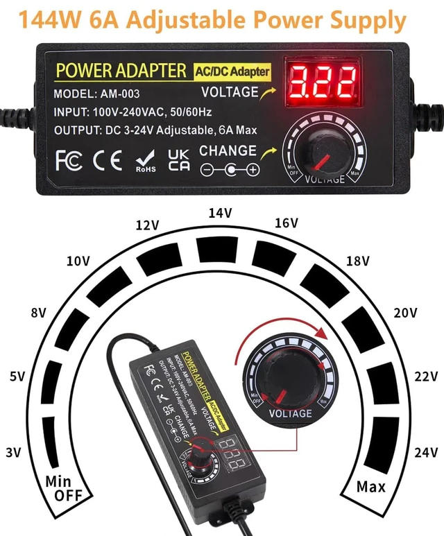 Alt view image 2 of 7 - 3~24V 6A Adjustable Power Supply Universal 144W 100V-240V AC to DC Power Adapter with Polarity Converter&14 Tips&1to4-Way Power Splitter Cable&Alligator Clip Test Lead, 3~24V6A5A4A3A2A1A Power Supply