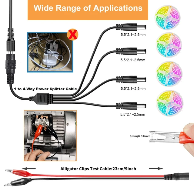 Alt view image 4 of 7 - 3~24V 6A Adjustable Power Supply Universal 144W 100V-240V AC to DC Power Adapter with Polarity Converter&14 Tips&1to4-Way Power Splitter Cable&Alligator Clip Test Lead, 3~24V6A5A4A3A2A1A Power Supply