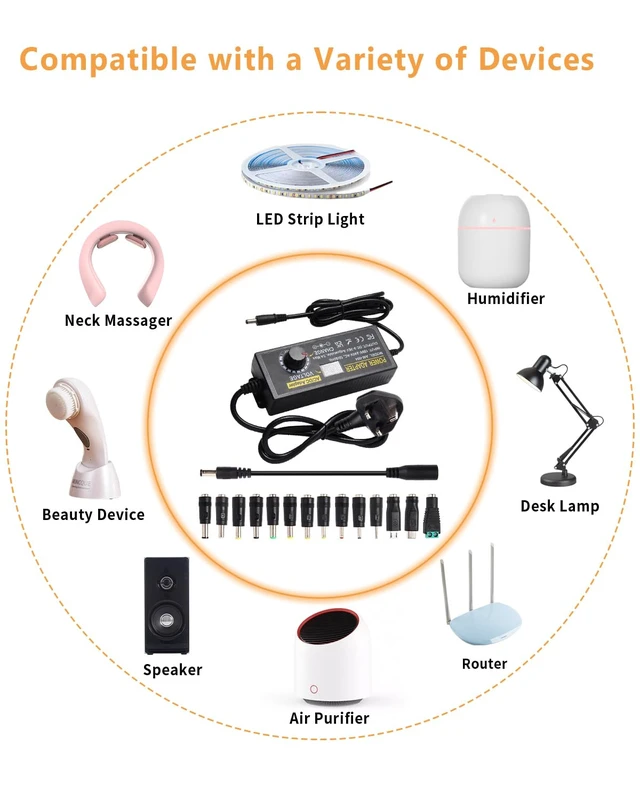 Alt view image 5 of 7 - 3~24V 6A Adjustable Power Supply Universal 144W 100V-240V AC to DC Power Adapter with Polarity Converter&14 Tips&1to4-Way Power Splitter Cable&Alligator Clip Test Lead, 3~24V6A5A4A3A2A1A Power Supply