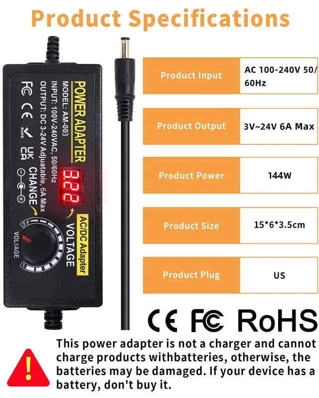 Alt view image 6 of 7 - 3~24V 6A Adjustable Power Supply Universal 144W 100V-240V AC to DC Power Adapter with Polarity Converter&14 Tips&1to4-Way Power Splitter Cable&Alligator Clip Test Lead, 3~24V6A5A4A3A2A1A Power Supply
