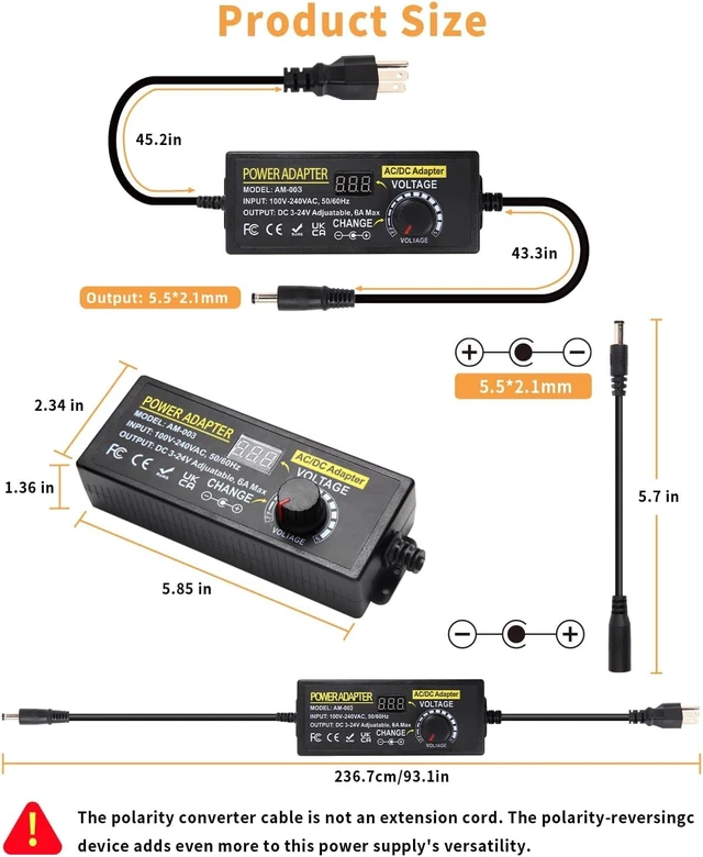 Alt view image 7 of 7 - 3~24V 6A Adjustable Power Supply Universal 144W 100V-240V AC to DC Power Adapter with Polarity Converter&14 Tips&1to4-Way Power Splitter Cable&Alligator Clip Test Lead, 3~24V6A5A4A3A2A1A Power Supply