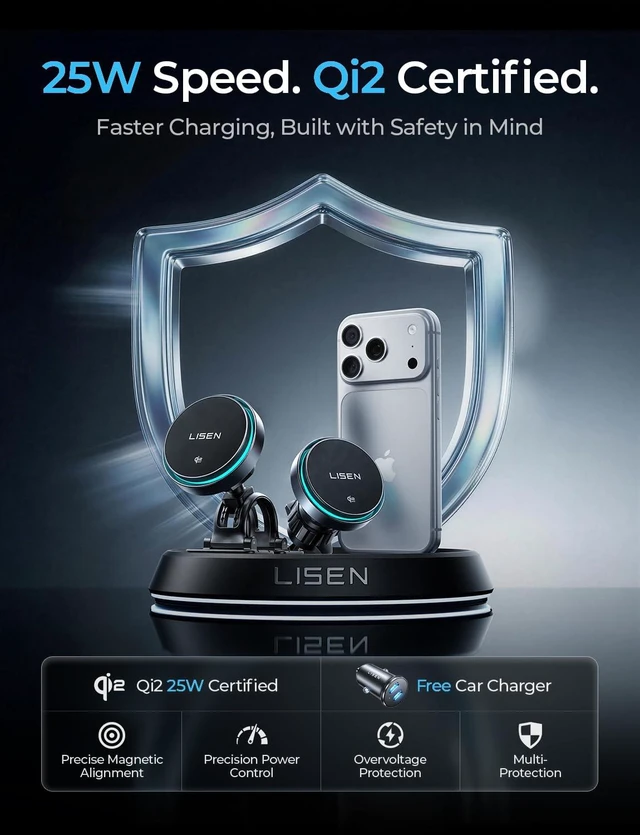 Alt view image 2 of 7 - LISEN Qi2.2 25W MagSafe Car Mount Charger with Cooling Fan, Fast Charge for iPhone 18 Pro Max, Certified 3 in 1 Magnetic Wireless Car Chager for iPhone 17 16 15 Pro Max, Car Charger and Cable Included