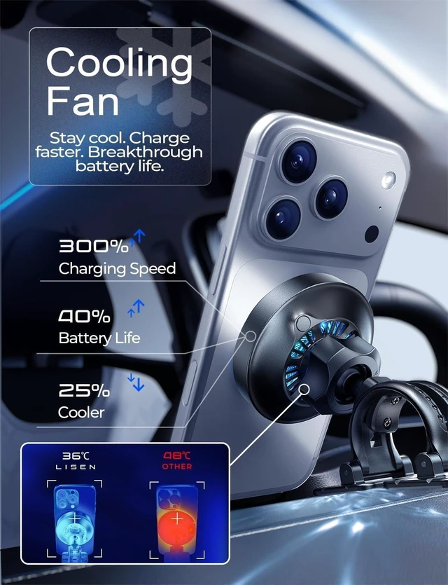 Alt view image 4 of 7 - LISEN Qi2.2 25W MagSafe Car Mount Charger with Cooling Fan, Fast Charge for iPhone 18 Pro Max, Certified 3 in 1 Magnetic Wireless Car Chager for iPhone 17 16 15 Pro Max, Car Charger and Cable Included