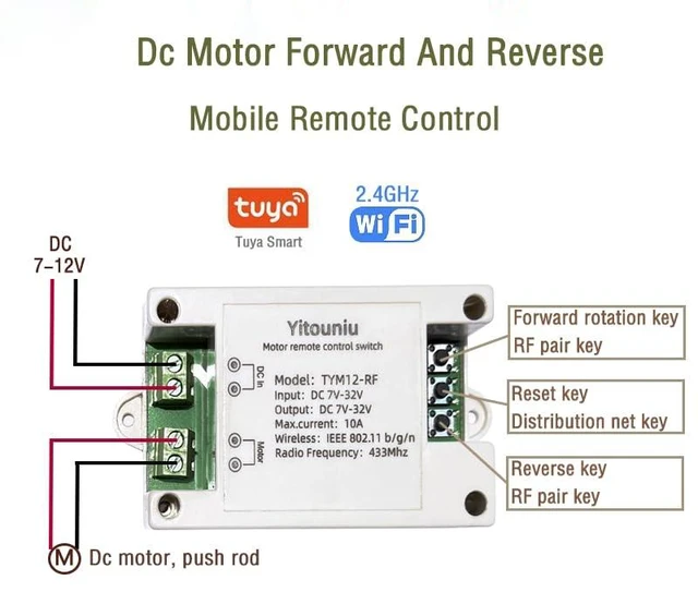 Alt view image 3 of 7 - Tuya Smart WiFi/Bluetooth DC Motor Controller 10A 7-32V Reversible Switch with Timer, Voice Control for Electric Actuators, Smart Home (Alexa Compatible)