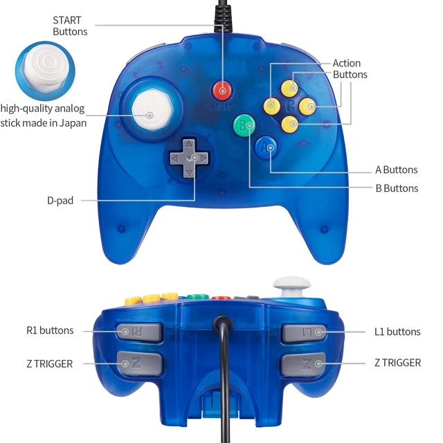 Alt view image 2 of 6 - miadore 2 Pack Classic N64 Controller, Wired N64 Retro 64-bit Mini Gamepad Remote with Upgraded Japan Joystick for Ultra N64 Console Video Game System ( Blue/Green )