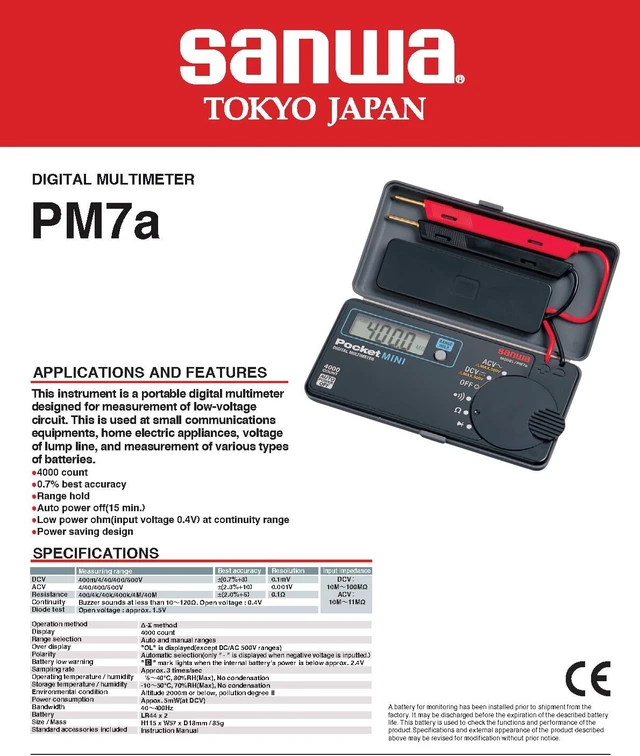 Alt view image 2 of 3 - GuliTech Sanwa PM7A Pocket mini Size Portable Multimeter DMM 4000 Count DC AC with Integrated Protective case Japan quanlity(PM7a)