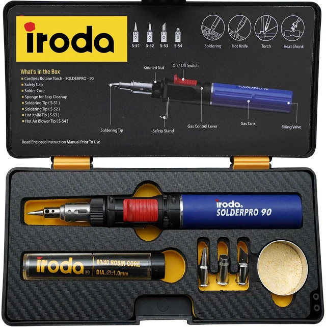 Main image of IRODA SolderPro 90K Professional Butane Soldering Iron Kit | Cordless 3-in-1 Tool | Fast Start & 53min Runtime with Case & Tips (Taiwan Made)