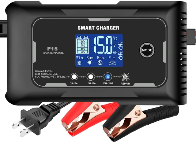 Main image of 15-Amp Smart Battery Charger (Lithium LiFePO4 & Lead-Acid), 12V/24V Rapid Automotive Car Charger with Temperature Compensation - Trickle Maintainer for Boat, Truck, RV, Lawn Mower, Marine