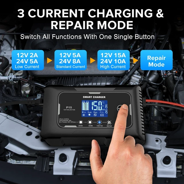 Alt view image 2 of 6 - 15-Amp Smart Battery Charger (Lithium LiFePO4 & Lead-Acid), 12V/24V Rapid Automotive Car Charger with Temperature Compensation - Trickle Maintainer for Boat, Truck, RV, Lawn Mower, Marine