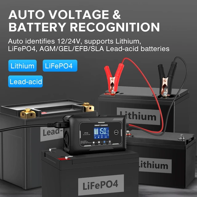 Alt view image 3 of 6 - 15-Amp Smart Battery Charger (Lithium LiFePO4 & Lead-Acid), 12V/24V Rapid Automotive Car Charger with Temperature Compensation - Trickle Maintainer for Boat, Truck, RV, Lawn Mower, Marine