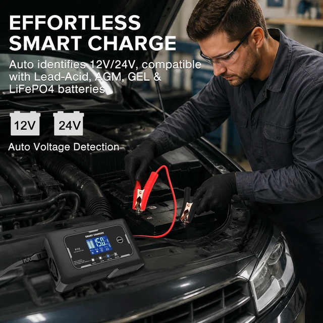 Alt view image 6 of 6 - 15-Amp Smart Battery Charger (Lithium LiFePO4 & Lead-Acid), 12V/24V Rapid Automotive Car Charger with Temperature Compensation - Trickle Maintainer for Boat, Truck, RV, Lawn Mower, Marine