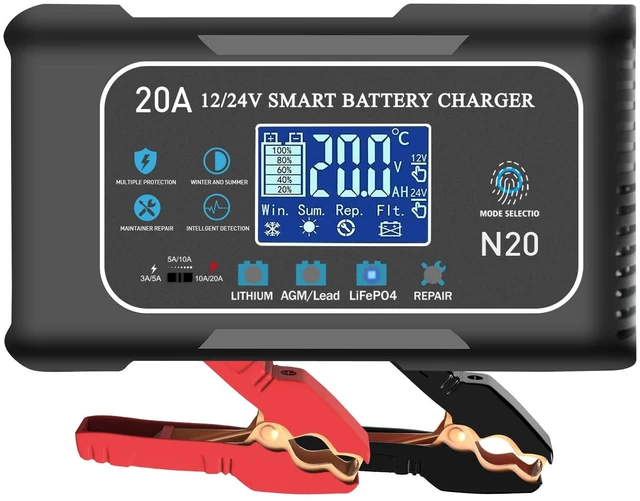 Main image of Battery Charger 0-20A 12V and 24V Lithium, LiFePo4, Lead Acid (AGM/Gel/SLA), Smart Car Battery Charger and Maintainer, Trickle Charger with Pulse Repair for Car, Boat, Marine, deep Cycle