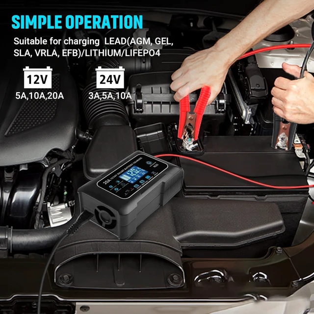 Alt view image 2 of 7 - Battery Charger 0-20A 12V and 24V Lithium, LiFePo4, Lead Acid (AGM/Gel/SLA), Smart Car Battery Charger and Maintainer, Trickle Charger with Pulse Repair for Car, Boat, Marine, deep Cycle