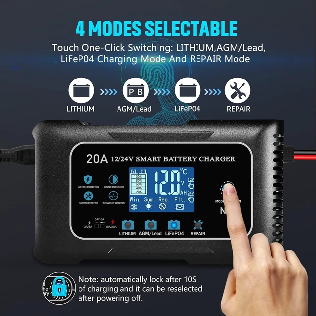 Alt view image 3 of 7 - Battery Charger 0-20A 12V and 24V Lithium, LiFePo4, Lead Acid (AGM/Gel/SLA), Smart Car Battery Charger and Maintainer, Trickle Charger with Pulse Repair for Car, Boat, Marine, deep Cycle