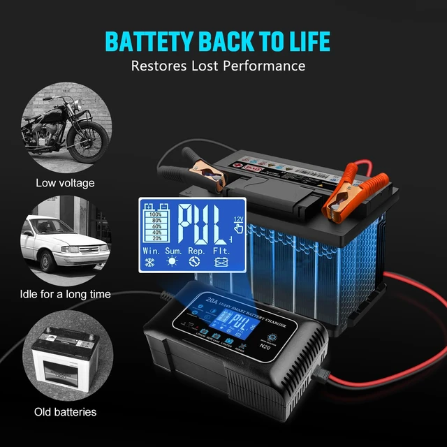 Alt view image 7 of 7 - Battery Charger 0-20A 12V and 24V Lithium, LiFePo4, Lead Acid (AGM/Gel/SLA), Smart Car Battery Charger and Maintainer, Trickle Charger with Pulse Repair for Car, Boat, Marine, deep Cycle