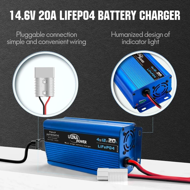 Alt view image 2 of 7 - ULTRAPOWER 14.6V 20A LiFePO4 Battery Charger,12V Smart Lithium Battery Charger,50A Anderson Connector,4LEDs Indicator,AC/DC Battery Charger for RV,Off-Grid,Solar Systems Deep Cycle Batteries