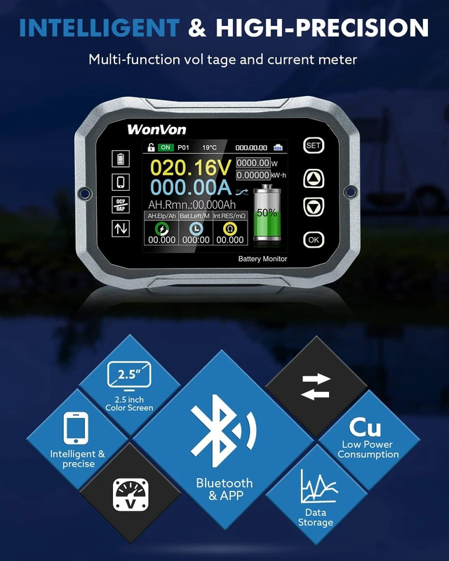 Alt view image 2 of 7 - WonVon Battery Monitor with Shunt 400A 0V-120V Battery Monitor for RV Motorcycle Golf Cart Solar Panel with Screen,Capacity Percentage Time Power Voltmeter Display,Support High/Low Voltage