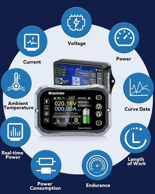 Alt view image 4 of 7 - WonVon Battery Monitor with Shunt 400A 0V-120V Battery Monitor for RV Motorcycle Golf Cart Solar Panel with Screen,Capacity Percentage Time Power Voltmeter Display,Support High/Low Voltage