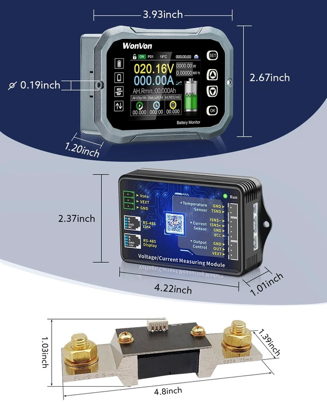 Alt view image 7 of 7 - WonVon Battery Monitor with Shunt 400A 0V-120V Battery Monitor for RV Motorcycle Golf Cart Solar Panel with Screen,Capacity Percentage Time Power Voltmeter Display,Support High/Low Voltage
