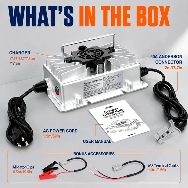 Alt view image 5 of 7 - 12V 20A LiFePO4 Battery Charger 14.6V Smart Lithium Charger with 0V Wake Up | Li-ion Charger with 50A Anderson Connector, Aluminum Housing, for RV, Marine, Boat, Solar and Off-Grid Use