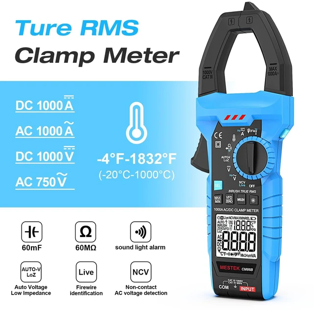 Alt view image 2 of 7 - MESTEK Inrush Digital Clamp Meter 1000A Multimeter with Backlit; TRMS 6000 Counts Amp Meter Voltage Tester with VFD, LOZ Mode, NCV, Measuring AC DC Current Voltage Temperature Resistance
