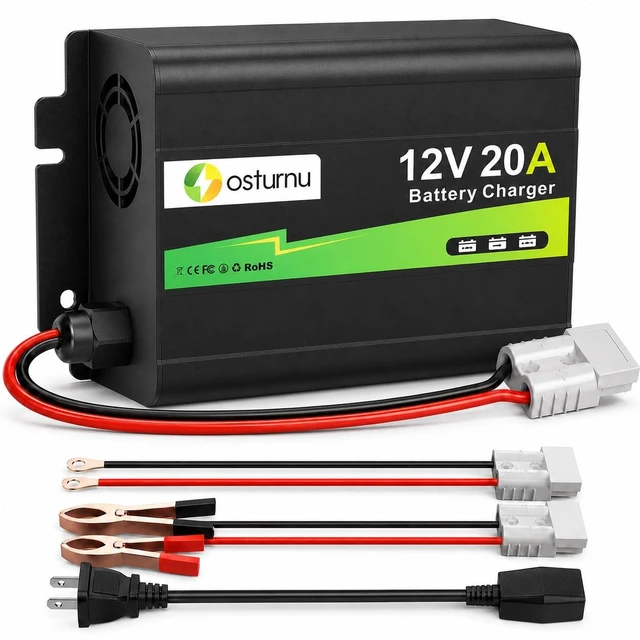 Main image of ASTURNU 12V 20A Lithium Battery Charger, 14.6V LiFePO4 Battery Charger with Dual Connectors, 0V Activation, Smart Charger for Universal Battery Type of RV, Marine, Solar, Off-Grid, Home