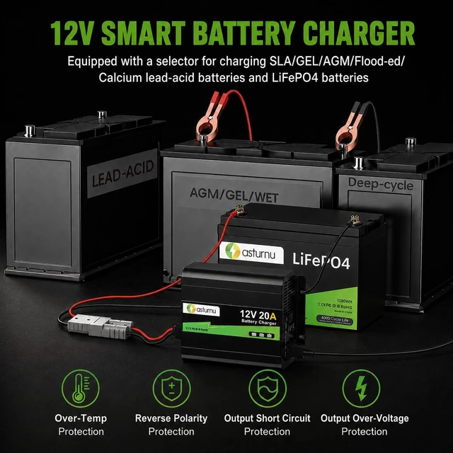 Alt view image 2 of 7 - ASTURNU 12V 20A Lithium Battery Charger, 14.6V LiFePO4 Battery Charger with Dual Connectors, 0V Activation, Smart Charger for Universal Battery Type of RV, Marine, Solar, Off-Grid, Home