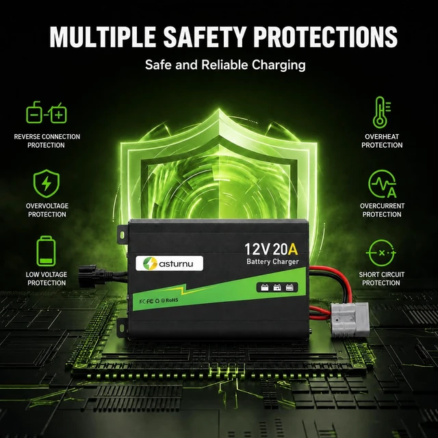 Alt view image 4 of 7 - ASTURNU 12V 20A Lithium Battery Charger, 14.6V LiFePO4 Battery Charger with Dual Connectors, 0V Activation, Smart Charger for Universal Battery Type of RV, Marine, Solar, Off-Grid, Home