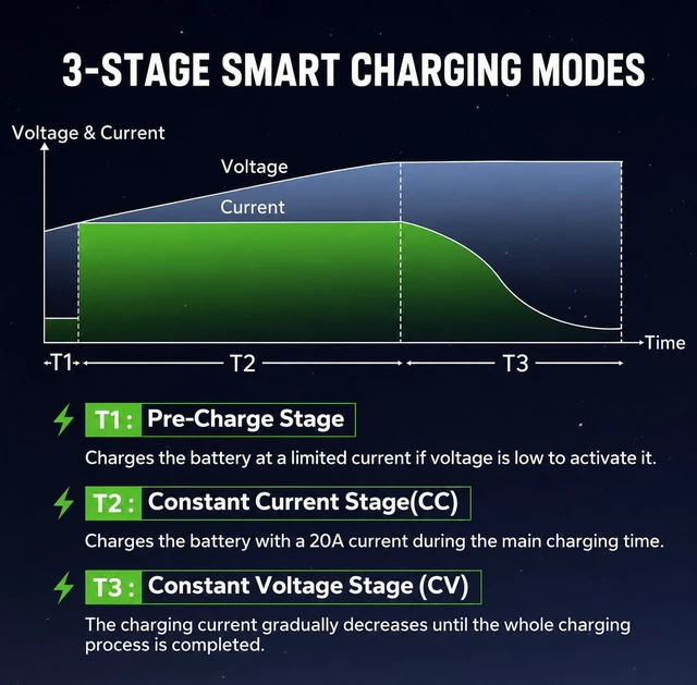 Alt view image 5 of 7 - ASTURNU 12V 20A Lithium Battery Charger, 14.6V LiFePO4 Battery Charger with Dual Connectors, 0V Activation, Smart Charger for Universal Battery Type of RV, Marine, Solar, Off-Grid, Home