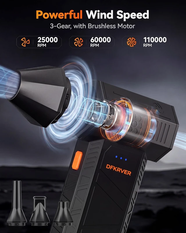 Alt view image 3 of 7 - Compressed Air Duster ,110,000 RPM, mini Blower, 3-Gear Adjustable | Rechargeable air Duster,Turbo Fan ,Fast Charging, Computer, Keyboard, House, Outdoor, Car, 0.45 lb Lightweight, 4 Nozzles