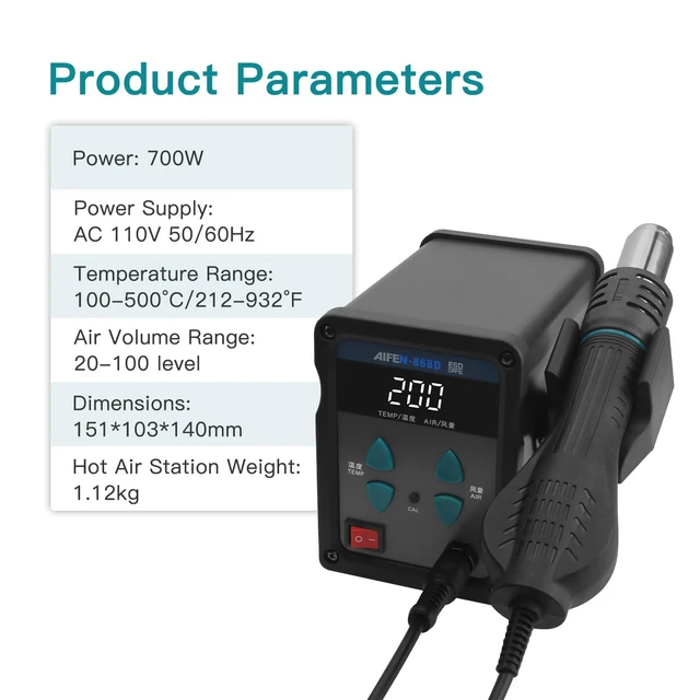 Alt view image 2 of 7 - 868D Hot Air Rework Station 700W Digital Display High Power with 7 Hot Air Nozzles Adjustable temperature and Air Volume, Automatic Sleep Function