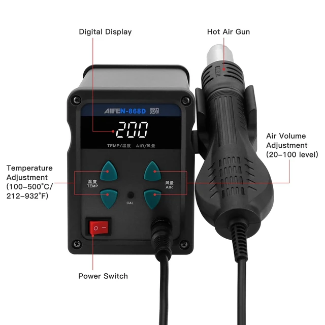 Alt view image 5 of 7 - 868D Hot Air Rework Station 700W Digital Display High Power with 7 Hot Air Nozzles Adjustable temperature and Air Volume, Automatic Sleep Function