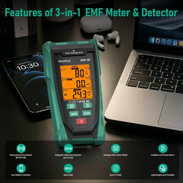 Alt view image 5 of 7 - Mastfuyi 3in1 EMF Detector, Rechargeable EF MF RF Radiation Meter | Halloween Ghost Hunting Equipment,Emf reader,Tricolor LED visual & sound alarm;5G for home office & paranormal inspection