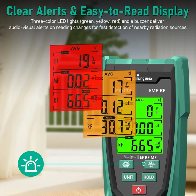 Alt view image 6 of 7 - Mastfuyi 3in1 EMF Detector, Rechargeable EF MF RF Radiation Meter | Halloween Ghost Hunting Equipment,Emf reader,Tricolor LED visual & sound alarm;5G for home office & paranormal inspection