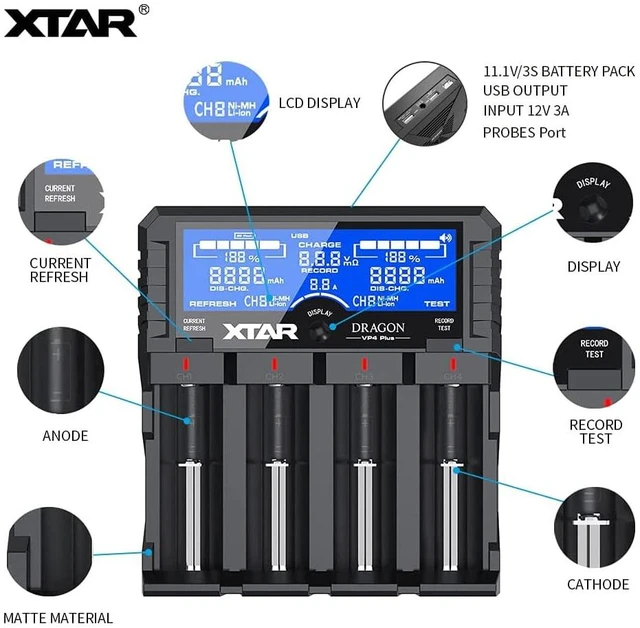 Alt view image 3 of 6 - XTAR Dragon VP4L Plus Professional 18650 Capacity Tester Universal 18650 Charger for Rechargeable Batteries Li-ion 21700 26650 14500 16340 Ni-MH AA AAA D with USB Output and Battery Repair Function