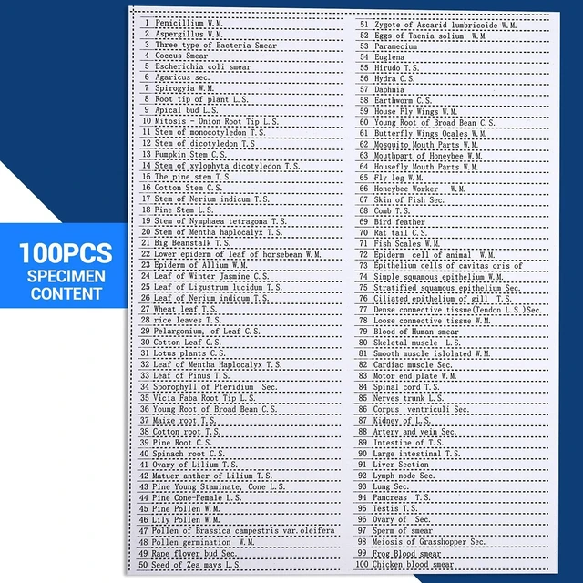Alt view image 2 of 7 - 100 Prepared Microscope Slides with Specimens for Kids Adults - Bacterium, Fungus, Human Tissues, Mitosis, Plants, Insects, Animals Cells Samples for Biological Science Lab, School Students