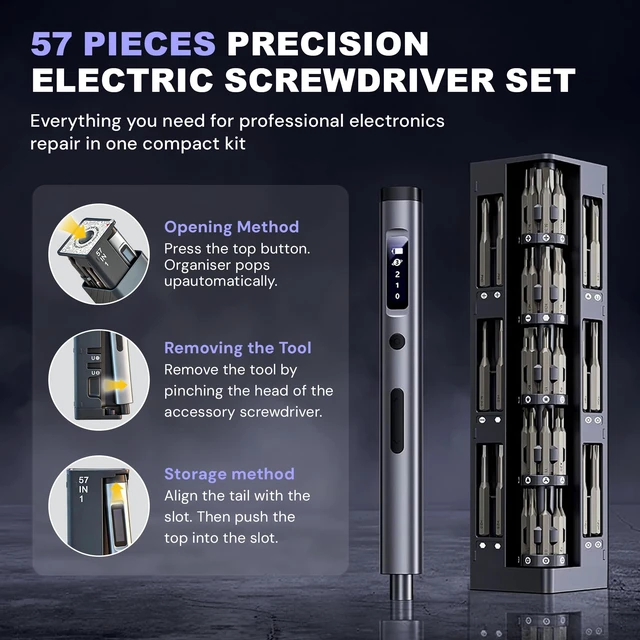 Alt view image 2 of 7 - 57 in 1 Precision Electric Screwdriver Set with 50 Magnetic Bits | 3 Torque Settings, 500mAh Rechargeable Battery, OLED Display, Repair Tool Kit for Electronics Phone Camera Laptop Watch