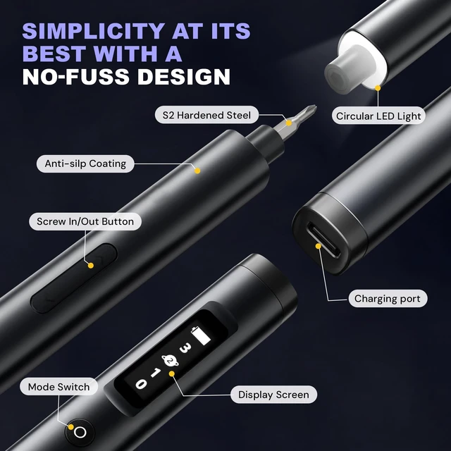 Alt view image 4 of 7 - 57 in 1 Precision Electric Screwdriver Set with 50 Magnetic Bits | 3 Torque Settings, 500mAh Rechargeable Battery, OLED Display, Repair Tool Kit for Electronics Phone Camera Laptop Watch