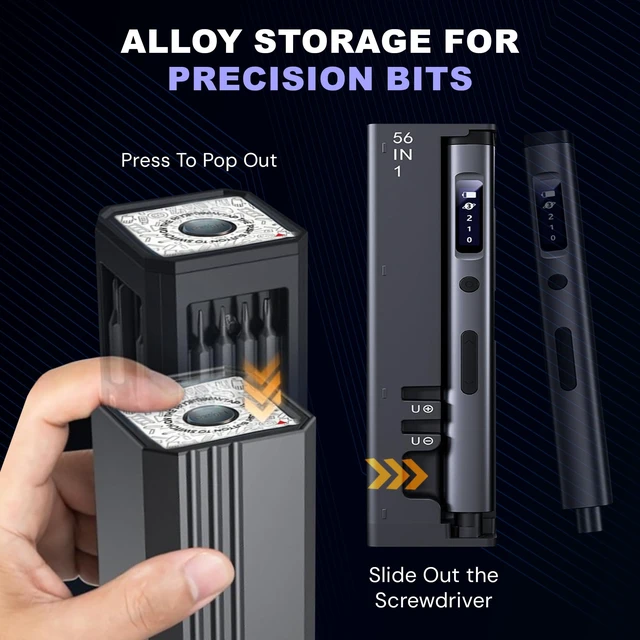 Alt view image 7 of 7 - 57 in 1 Precision Electric Screwdriver Set with 50 Magnetic Bits | 3 Torque Settings, 500mAh Rechargeable Battery, OLED Display, Repair Tool Kit for Electronics Phone Camera Laptop Watch