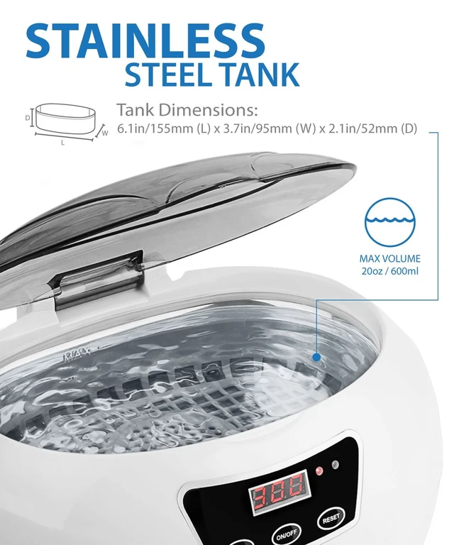 Alt view image 3 of 7 - Fosmon 600ML 42kHz Ultrasonic Cleaner with Digital Timer | Stainless steel tank, 18 preset cycles, professional cleaner for dentures/retainers/mouth guards/jewelry, digital timer.