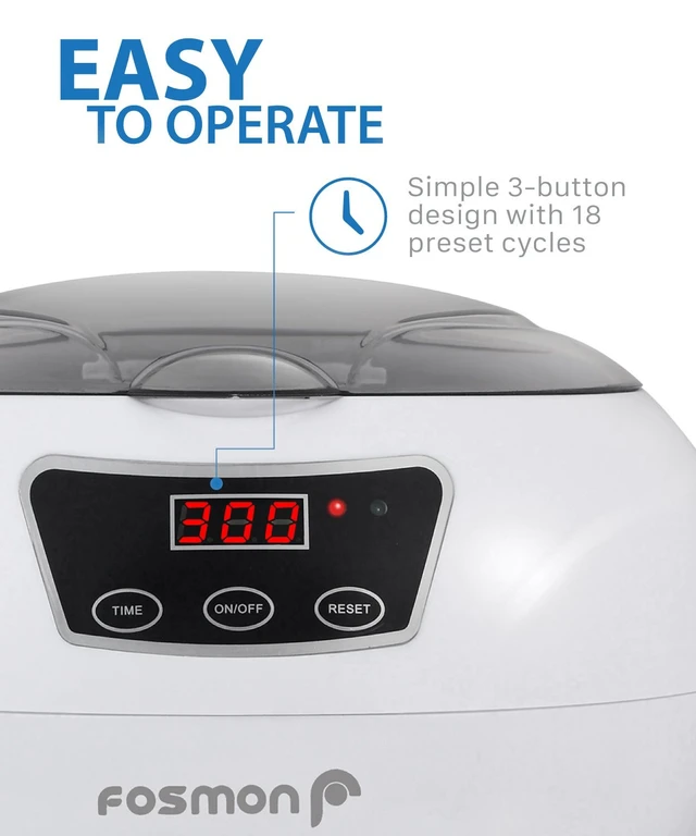 Alt view image 4 of 7 - Fosmon 600ML 42kHz Ultrasonic Cleaner with Digital Timer | Stainless steel tank, 18 preset cycles, professional cleaner for dentures/retainers/mouth guards/jewelry, digital timer.
