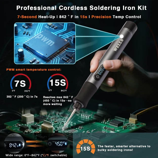 Alt view image 2 of 7 - Professional Cordless Soldering Iron Kit with LCD Display: 7S Fast Heating Portable Soldering Iron Auto Sleep 2600mAh Battery with 3 Tips(C210) for Electronics Repair,DIY,Jewelry,PCB,RC Models