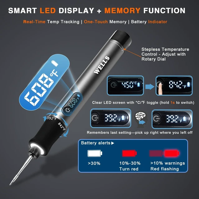 Alt view image 3 of 7 - Professional Cordless Soldering Iron Kit with LCD Display: 7S Fast Heating Portable Soldering Iron Auto Sleep 2600mAh Battery with 3 Tips(C210) for Electronics Repair,DIY,Jewelry,PCB,RC Models