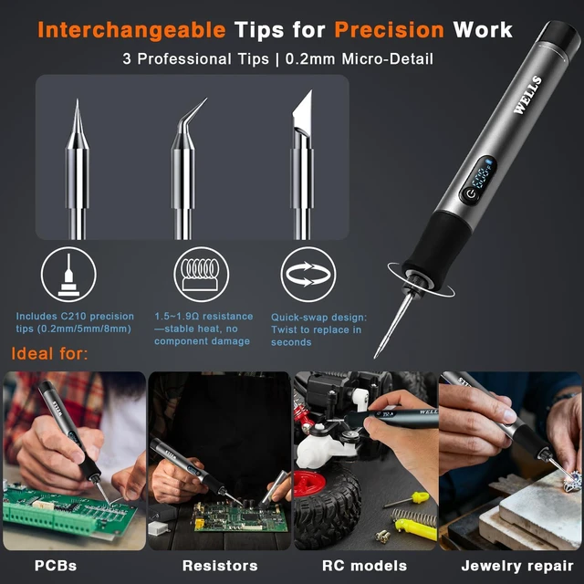 Alt view image 5 of 7 - Professional Cordless Soldering Iron Kit with LCD Display: 7S Fast Heating Portable Soldering Iron Auto Sleep 2600mAh Battery with 3 Tips(C210) for Electronics Repair,DIY,Jewelry,PCB,RC Models