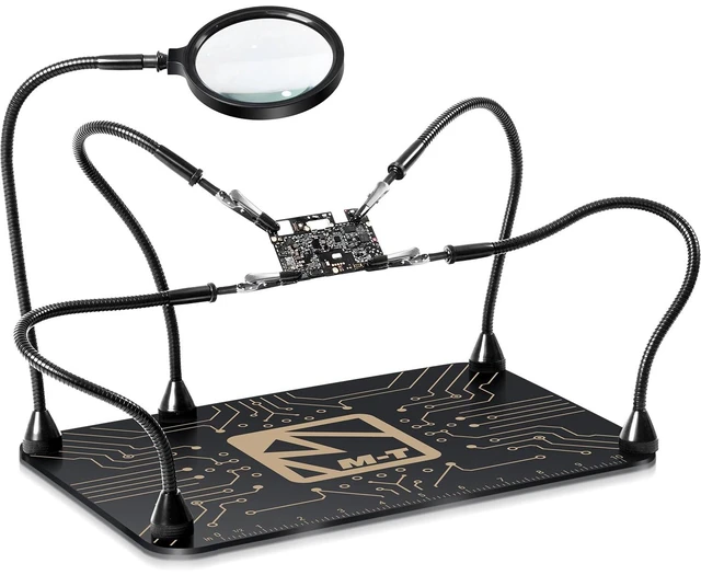 Main image of M-T Helping Hands Soldering Station, Magnetic Third Hand Tool PCB Holder with 5X Magnifying Glass 13x9 IN Non-Slip Steel Weighted Base 4 Arms for Electronic Repair Soldering Jewelry Crafts and Welding