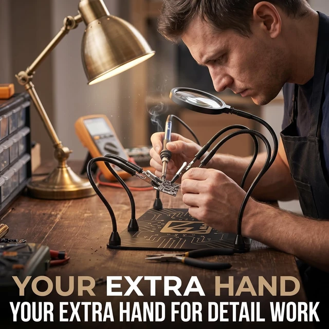 Alt view image 5 of 6 - M-T Helping Hands Soldering Station, Magnetic Third Hand Tool PCB Holder with 5X Magnifying Glass 13x9 IN Non-Slip Steel Weighted Base 4 Arms for Electronic Repair Soldering Jewelry Crafts and Welding